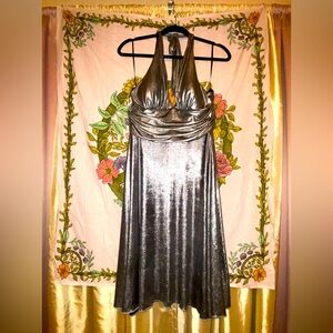 Forever Slinky Sexy Vintage Silver Ruched Deep V Neck Dress Padded Top Size L